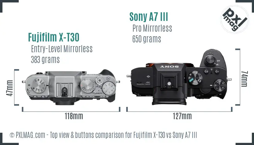 Fujifilm X-T30 vs Sony A7 III top view buttons comparison