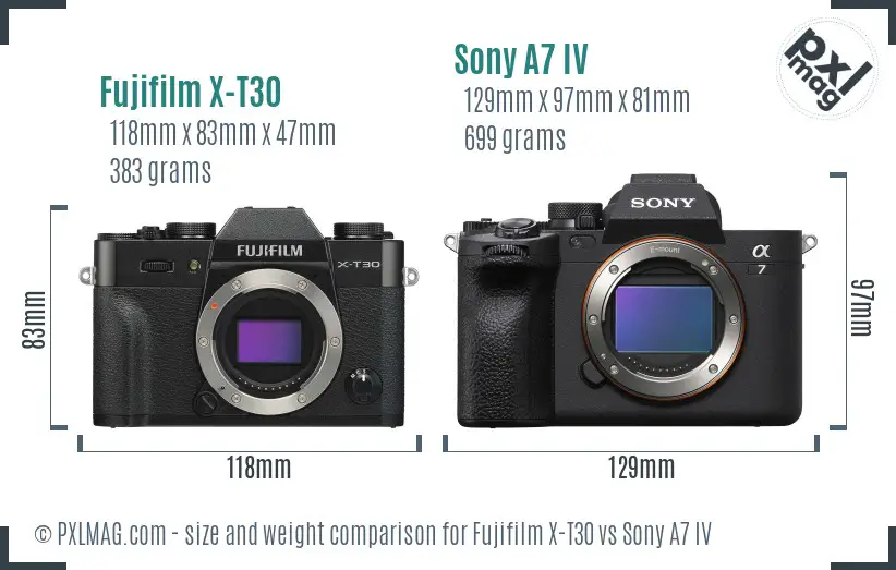 Fujifilm X-T30 vs Sony A7 IV size comparison