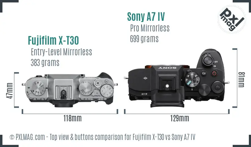 Fujifilm X-T30 vs Sony A7 IV top view buttons comparison