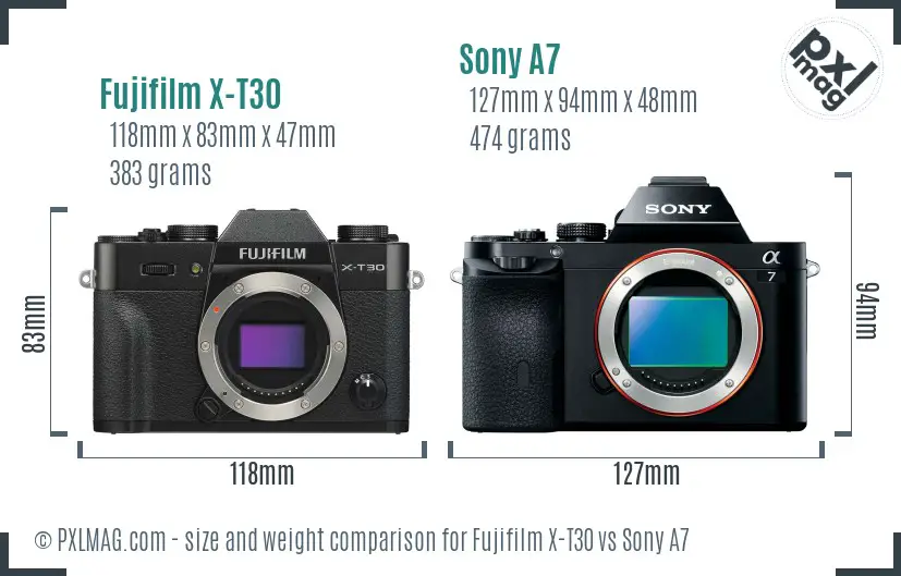 Fujifilm X-T30 vs Sony A7 size comparison
