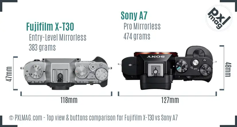 Fujifilm X-T30 vs Sony A7 top view buttons comparison