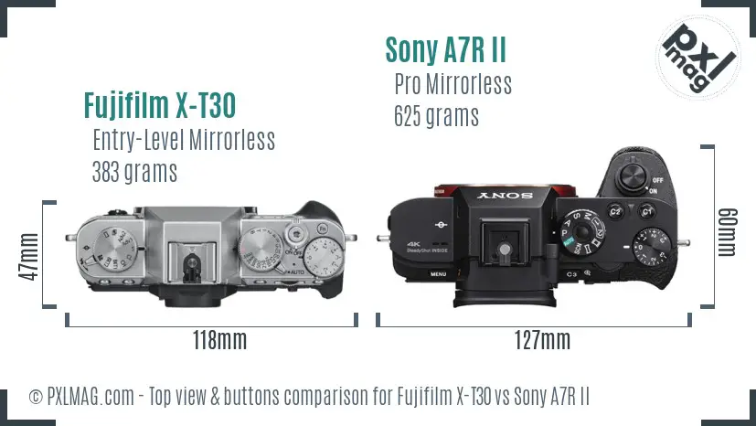 Fujifilm X-T30 vs Sony A7R II top view buttons comparison