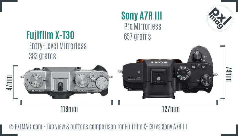 Fujifilm X-T30 vs Sony A7R III top view buttons comparison