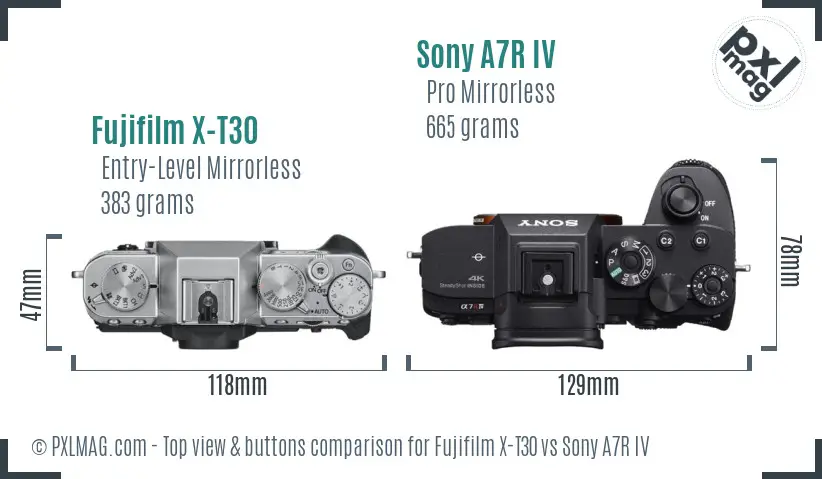Fujifilm X-T30 vs Sony A7R IV top view buttons comparison