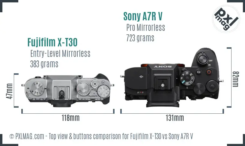 Fujifilm X-T30 vs Sony A7R V top view buttons comparison