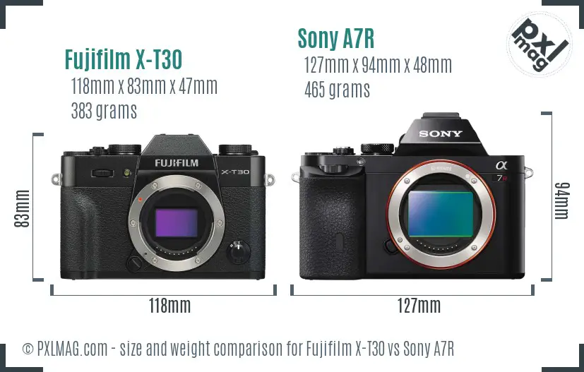 Fujifilm X-T30 vs Sony A7R size comparison