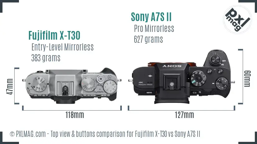 Fujifilm X-T30 vs Sony A7S II top view buttons comparison