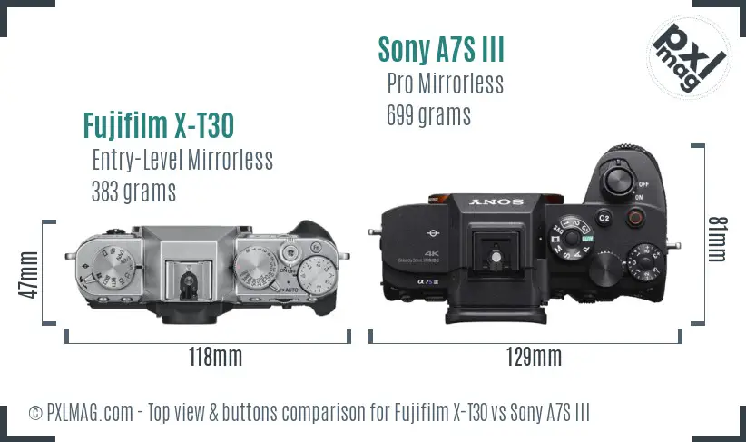 Fujifilm X-T30 vs Sony A7S III top view buttons comparison Fujifilm X-T30 vs Sony A7S III top view buttons comparison