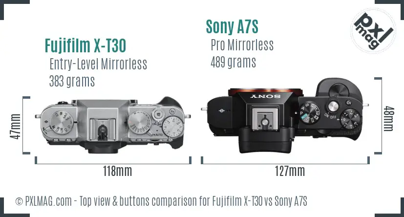 Fujifilm X-T30 vs Sony A7S top view buttons comparison