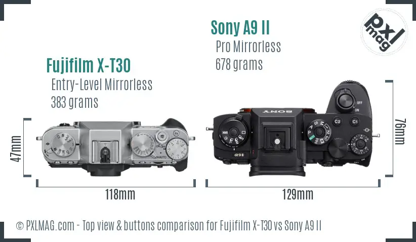 Fujifilm X-T30 vs Sony A9 II top view buttons comparison