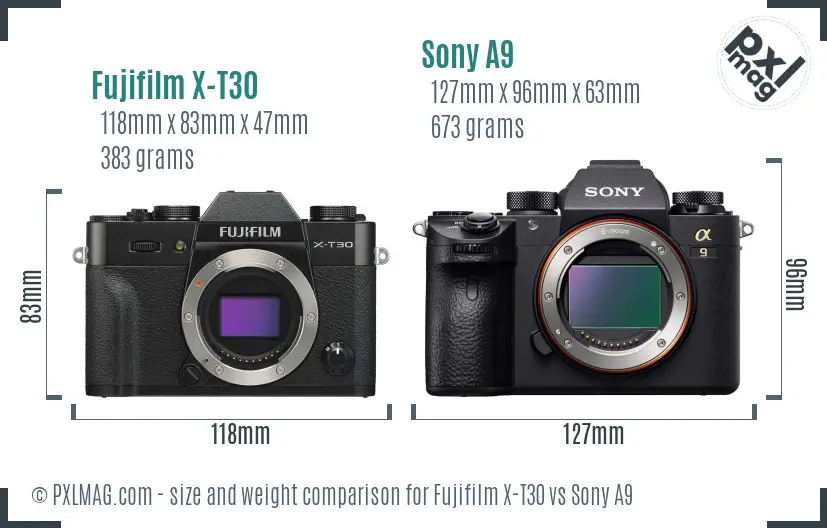 Fujifilm X-T30 vs Sony A9 size comparison