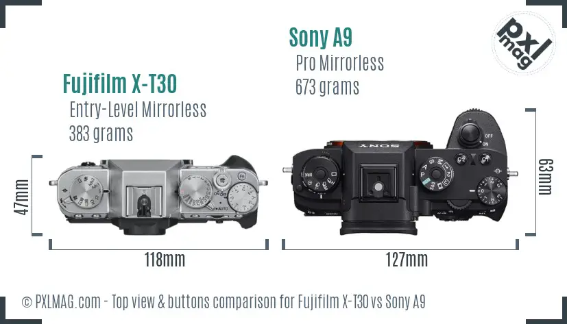 Fujifilm X-T30 vs Sony A9 top view buttons comparison