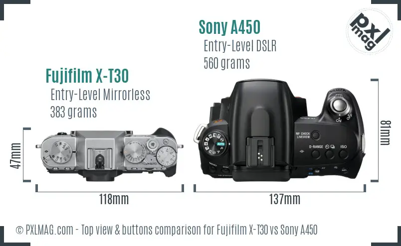 Fujifilm X-T30 vs Sony A450 top view buttons comparison