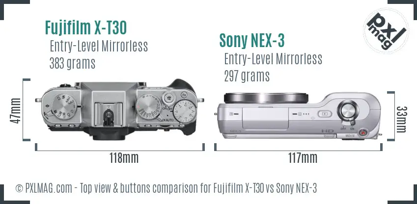 Fujifilm X-T30 vs Sony NEX-3 top view buttons comparison