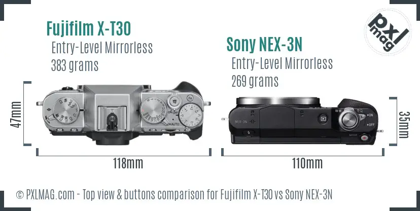 Fujifilm X-T30 vs Sony NEX-3N top view buttons comparison