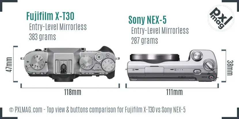 Fujifilm X-T30 vs Sony NEX-5 top view buttons comparison