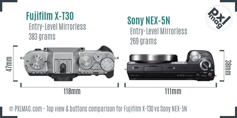 Fujifilm X-T30 vs Sony NEX-5N top view buttons comparison