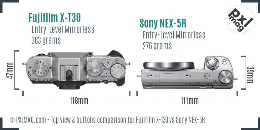 Fujifilm X-T30 vs Sony NEX-5R top view buttons comparison