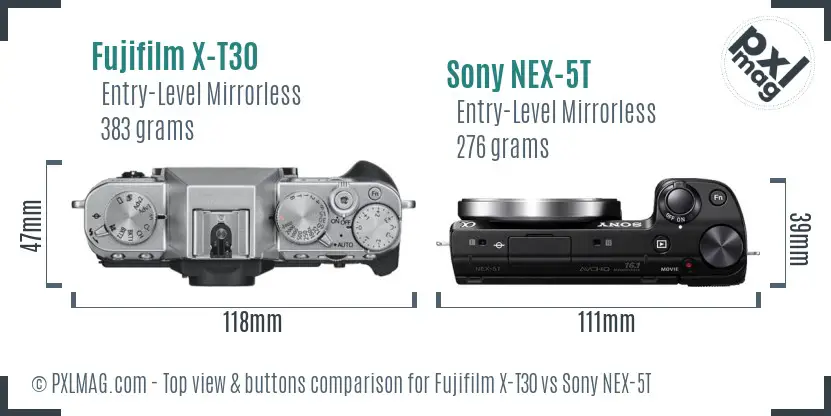 Fujifilm X-T30 vs Sony NEX-5T top view buttons comparison