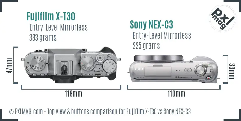 Fujifilm X-T30 vs Sony NEX-C3 top view buttons comparison