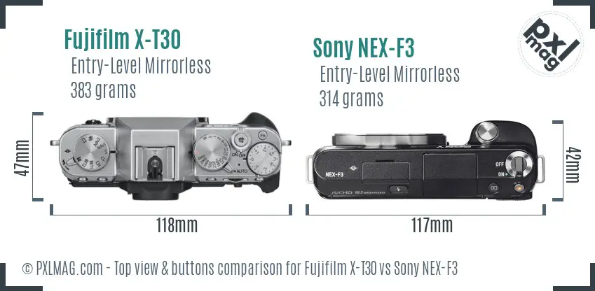 Fujifilm X-T30 vs Sony NEX-F3 top view buttons comparison