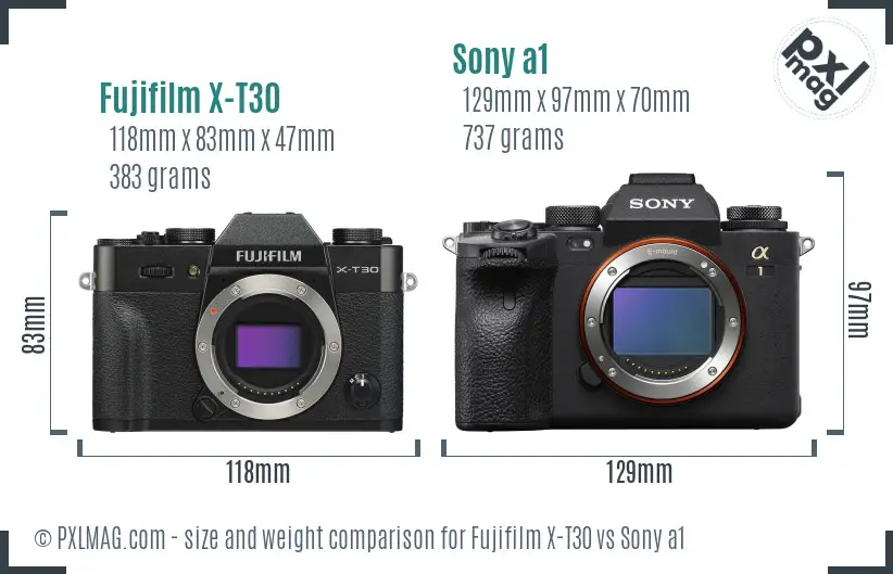 Fujifilm X-T30 vs Sony a1 size comparison