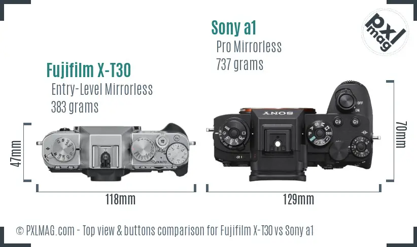 Fujifilm X-T30 vs Sony a1 top view buttons comparison