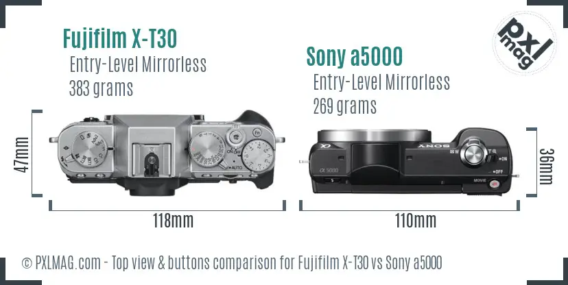 Fujifilm X-T30 vs Sony a5000 top view buttons comparison