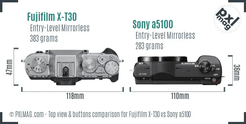 Fujifilm X-T30 vs Sony a5100 top view buttons comparison