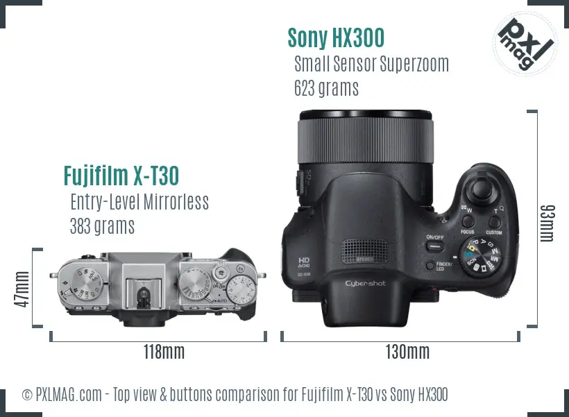 Fujifilm X-T30 vs Sony HX300 top view buttons comparison
