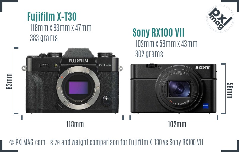 Fujifilm X-T30 vs Sony RX100 VII size comparison