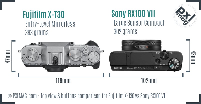 Fujifilm X-T30 vs Sony RX100 VII top view buttons comparison
