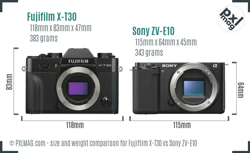 Fujifilm X-T30 vs Sony ZV-E10 size comparison