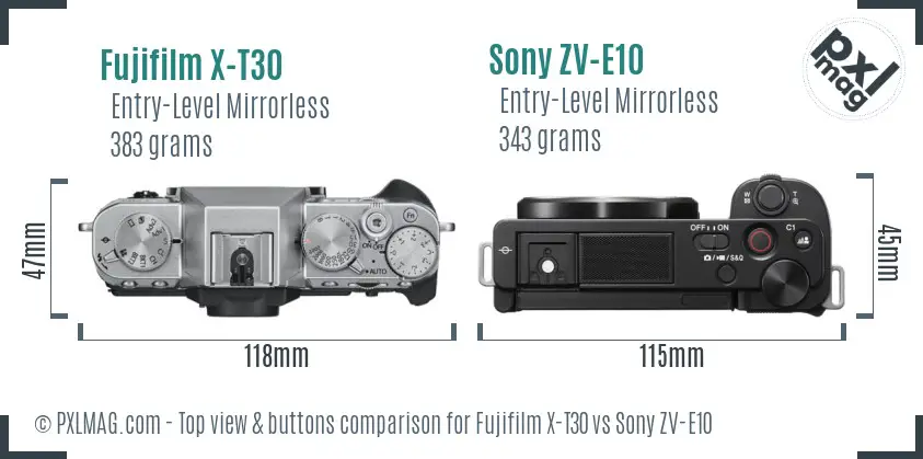 Fujifilm X-T30 vs Sony ZV-E10 top view buttons comparison