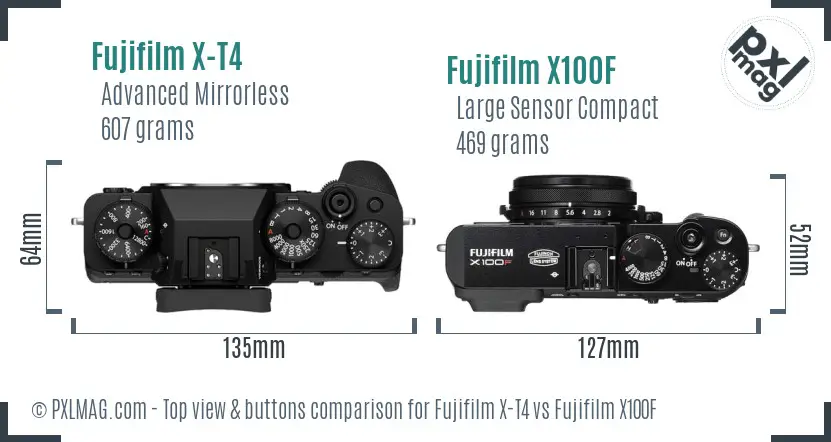 Fujifilm X-T4 vs Fujifilm X100F top view buttons comparison