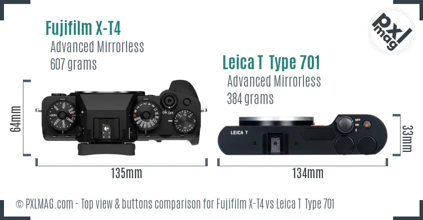 Fujifilm X-T4 vs Leica T  Type 701 top view buttons comparison