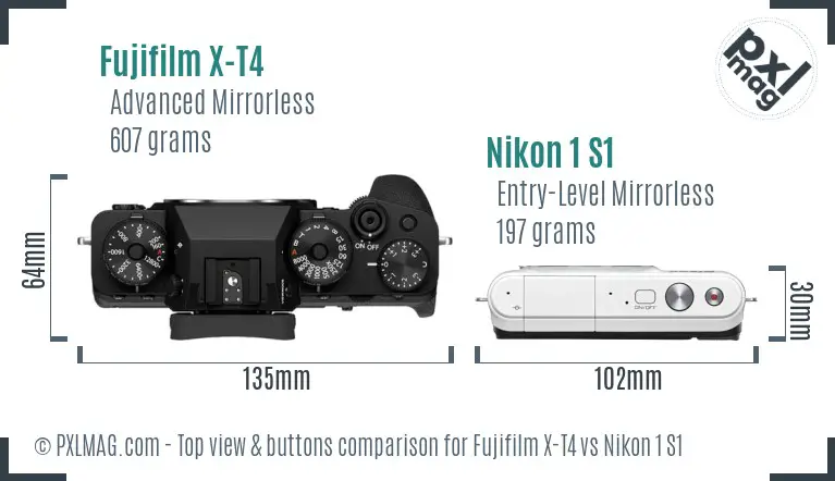 Fujifilm X-T4 vs Nikon 1 S1 top view buttons comparison