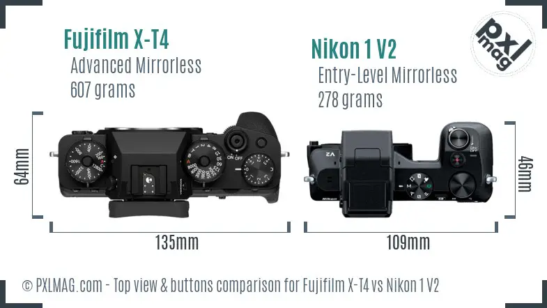 Fujifilm X-T4 vs Nikon 1 V2 top view buttons comparison