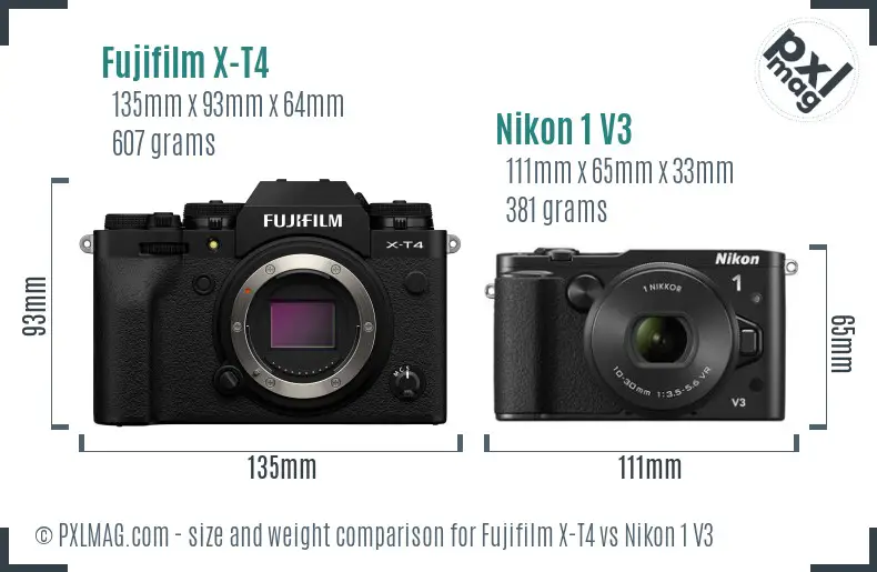 Fujifilm X-T4 vs Nikon 1 V3 size comparison