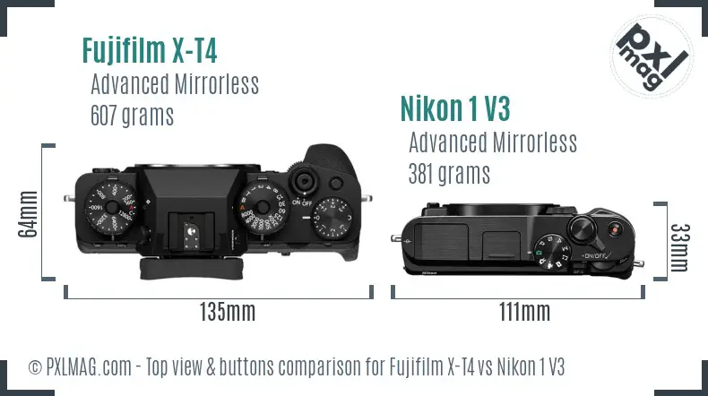 Fujifilm X-T4 vs Nikon 1 V3 top view buttons comparison