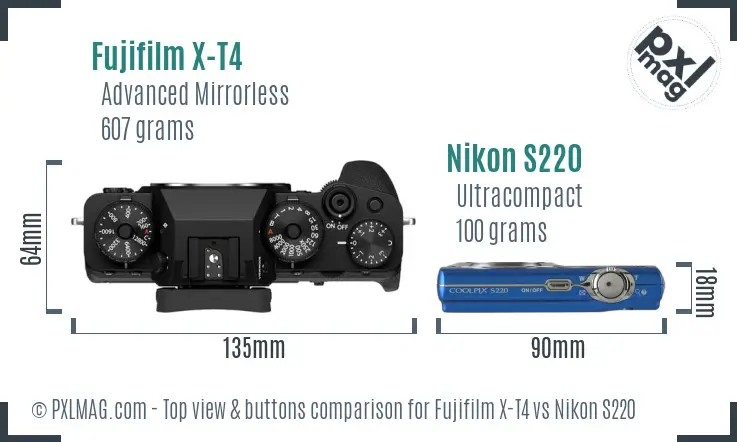 Fujifilm X-T4 vs Nikon S220 top view buttons comparison