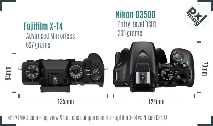 Fujifilm X-T4 vs Nikon D3500 top view buttons comparison