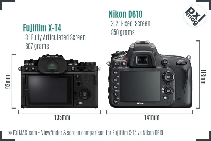 Fujifilm X-T4 vs Nikon D610 Screen and Viewfinder comparison Fujifilm X-T4 vs Nikon D610 Screen and Viewfinder comparison