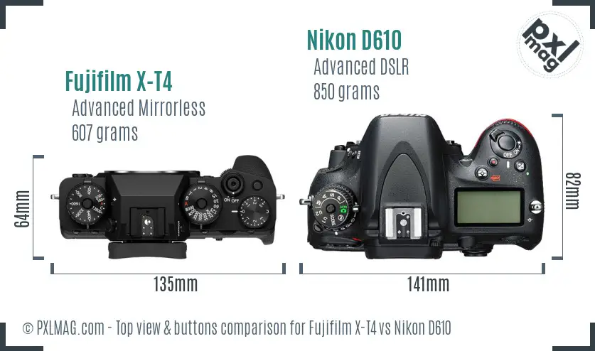 Fujifilm X-T4 vs Nikon D610 top view buttons comparison Fujifilm X-T4 vs Nikon D610 top view buttons comparison