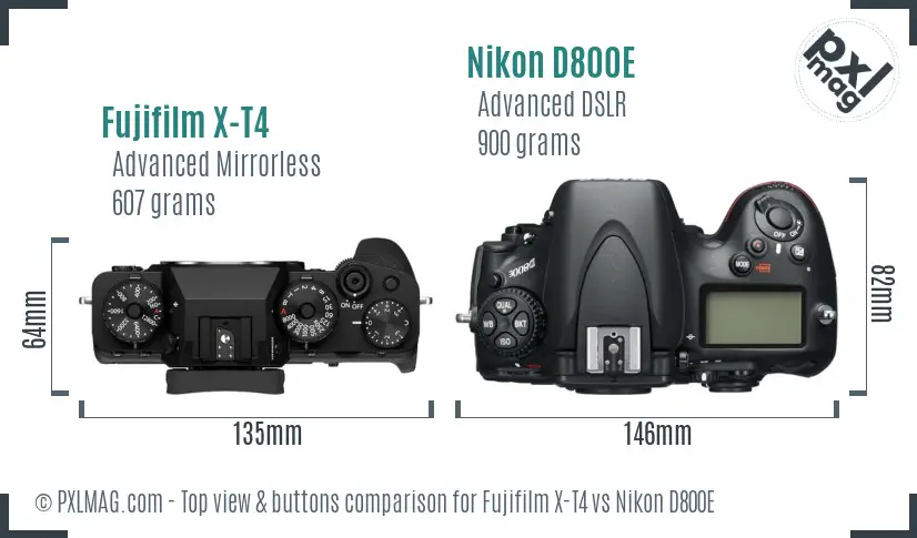 Fujifilm X-T4 vs Nikon D800E top view buttons comparison