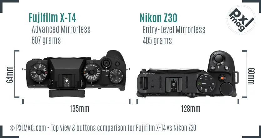 Fujifilm X-T4 vs Nikon Z30 top view buttons comparison Fujifilm X-T4 vs Nikon Z30 top view buttons comparison