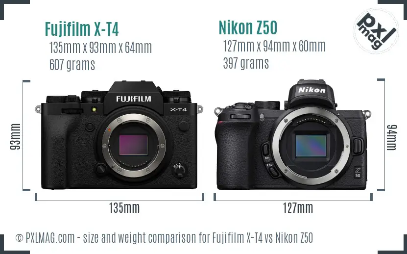 Fujifilm X-T4 vs Nikon Z50 size comparison