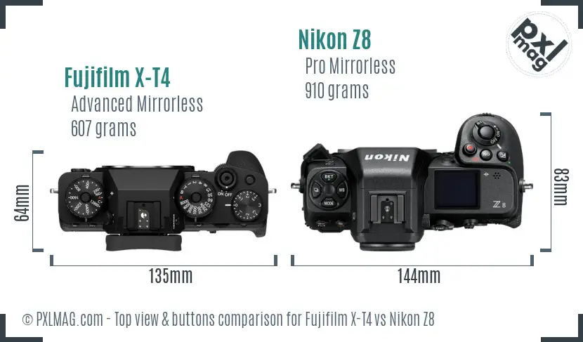 Fujifilm X-T4 vs Nikon Z8 top view buttons comparison