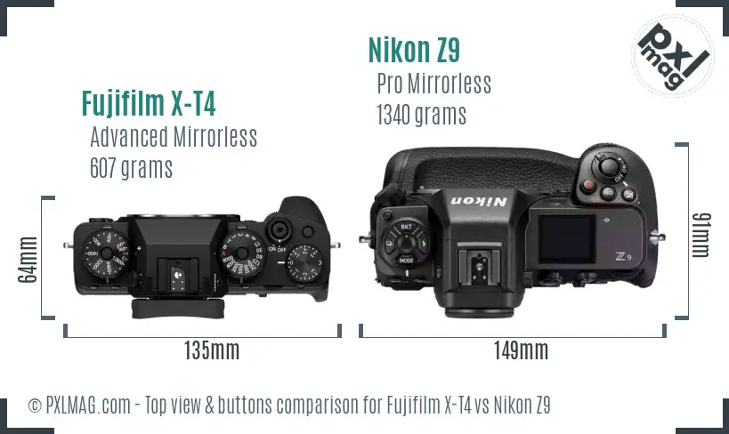 Fujifilm X-T4 vs Nikon Z9 top view buttons comparison