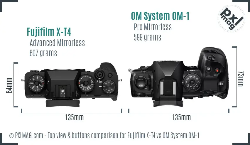 Fujifilm X-T4 vs OM System OM-1 top view buttons comparison Fujifilm X-T4 vs OM System OM-1 top view buttons comparison